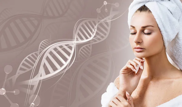 Sensual woman in bathrobe among DNA chains. — Stock Photo, Image