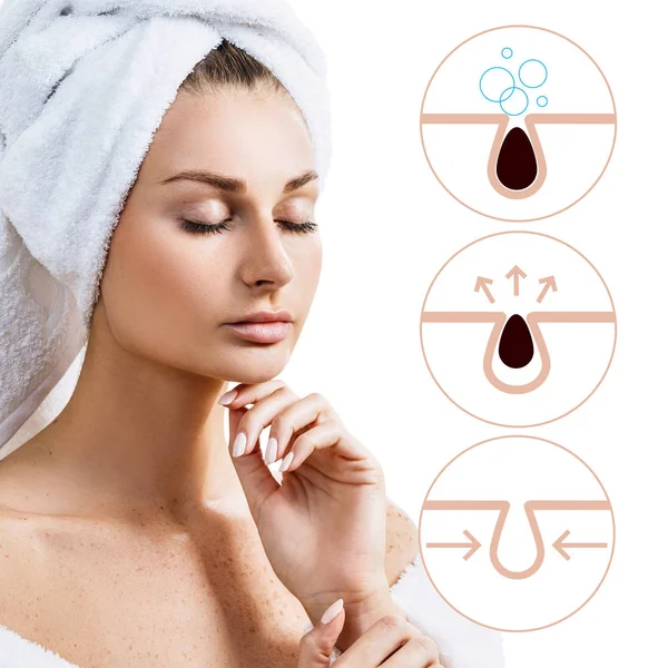 Kadın nasıl kirletme ve yüz gözenekleri temizlemek için gösterir.