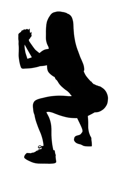 Silhueta preta de mulher esportiva fazendo agachamentos . — Fotografia de Stock