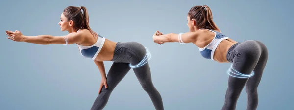 Joven mujer deportiva hace inclinaciones de calentamiento . —  Fotos de Stock