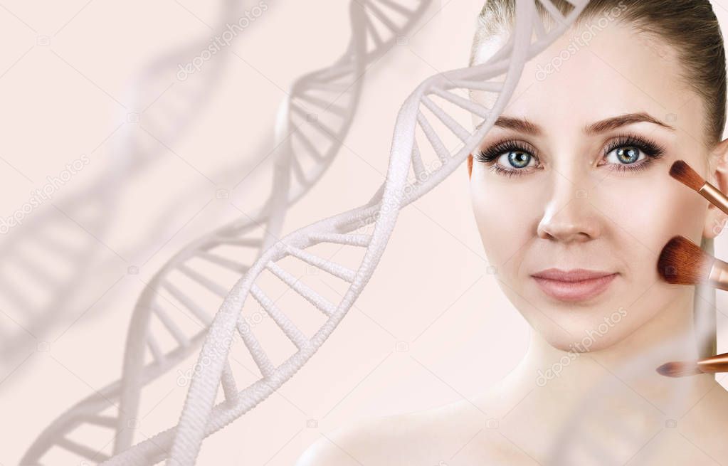 Sensual woman with makeup brushes among DNA chains.