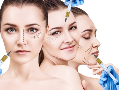Collage of beautiful woman gets beauty facial injections. clipart