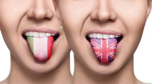 Collage of young woman shows painted tongue with different flags. — Stock Photo, Image