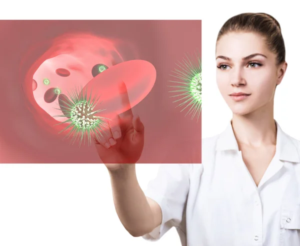 Mujer doctora mirando en pantalla virtual con células sanguíneas. renderizado 3d . —  Fotos de Stock