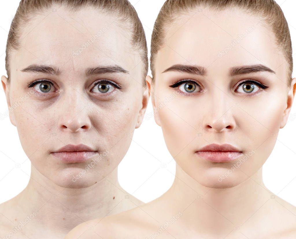 Comparison portrait of young woman before and after makeup.