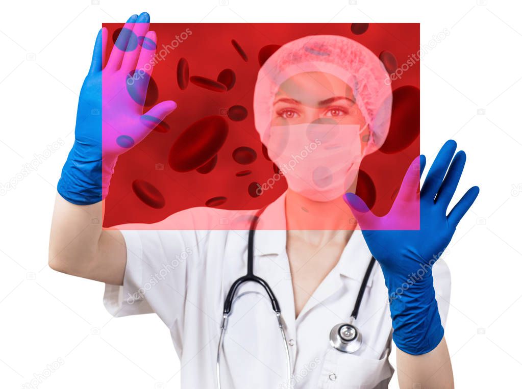 Woman doctor looking on virtual screen with blood cells. 3d rendering.