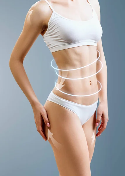 Slim cuerpo de mujer con círculos brillantes muestra efecto de elevación . —  Fotos de Stock