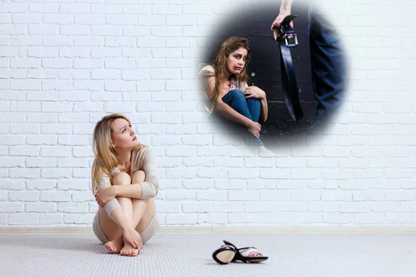 Young woman looking on imaginary scene of beaten woman. — Stock Photo, Image