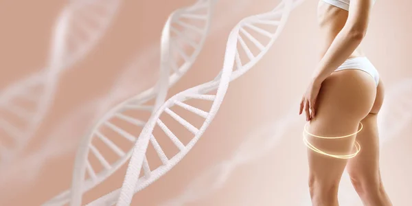 DNAの茎の近くに完璧なスポーティな女性の体。良い代謝の概念. — ストック写真