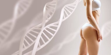 Dna sapları yakınında mükemmel sportif kadın vücudu. İyi metabolizma kavramı.