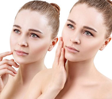 Yüzünde mükemmel temiz cilt ile güzel şehvetli kadın kolaj.