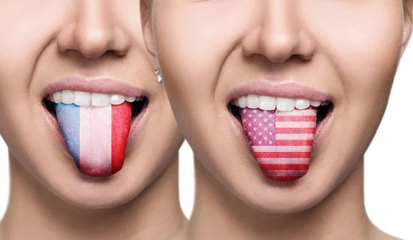 Колаж молодої жінки показує розмальований язик з різними прапорами . — стокове фото