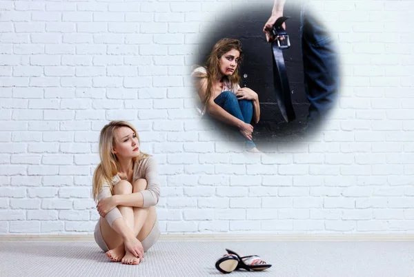 Young woman looking on imaginary scene of beaten woman. — Stock Photo, Image