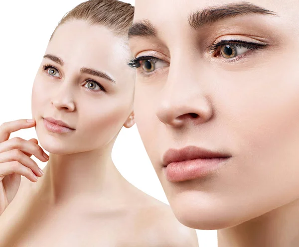 Collage of beautiful sensual woman with perfect clean skin on face. — Stock Photo, Image