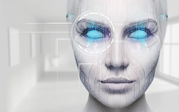 Schönes Cyborg-Weibchen-Gesicht mit blauen Augen. — Stockfoto