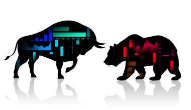 Siyah siluet boğa ve grafik ile finansal ikonlar.
