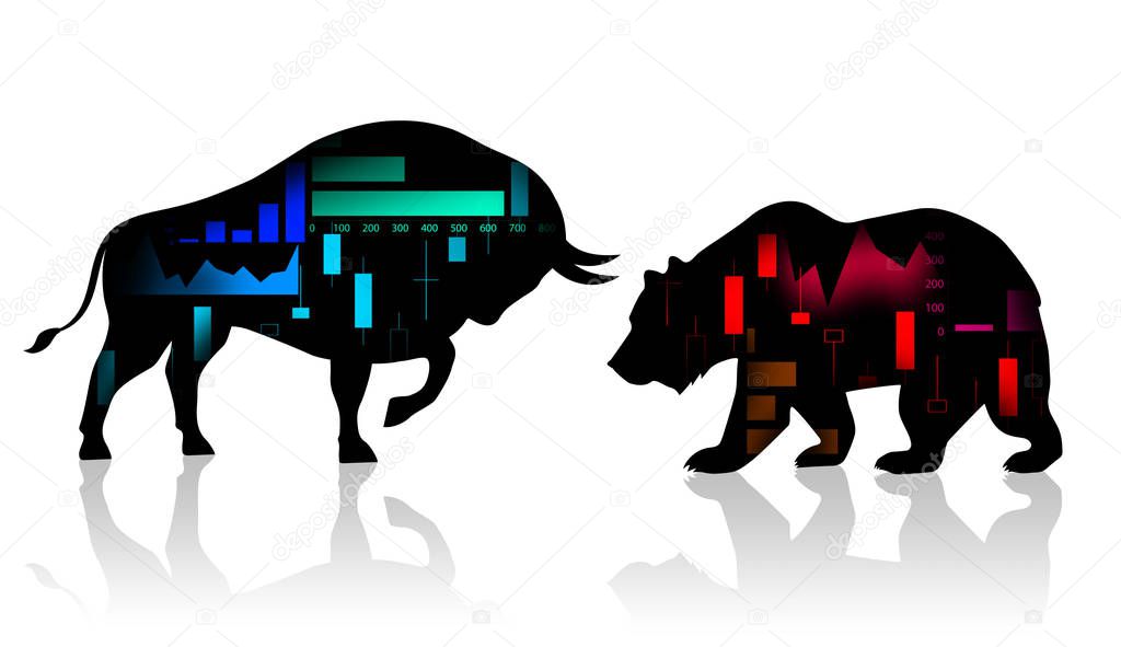 Black silhouette bull and bear financial icons with graph.