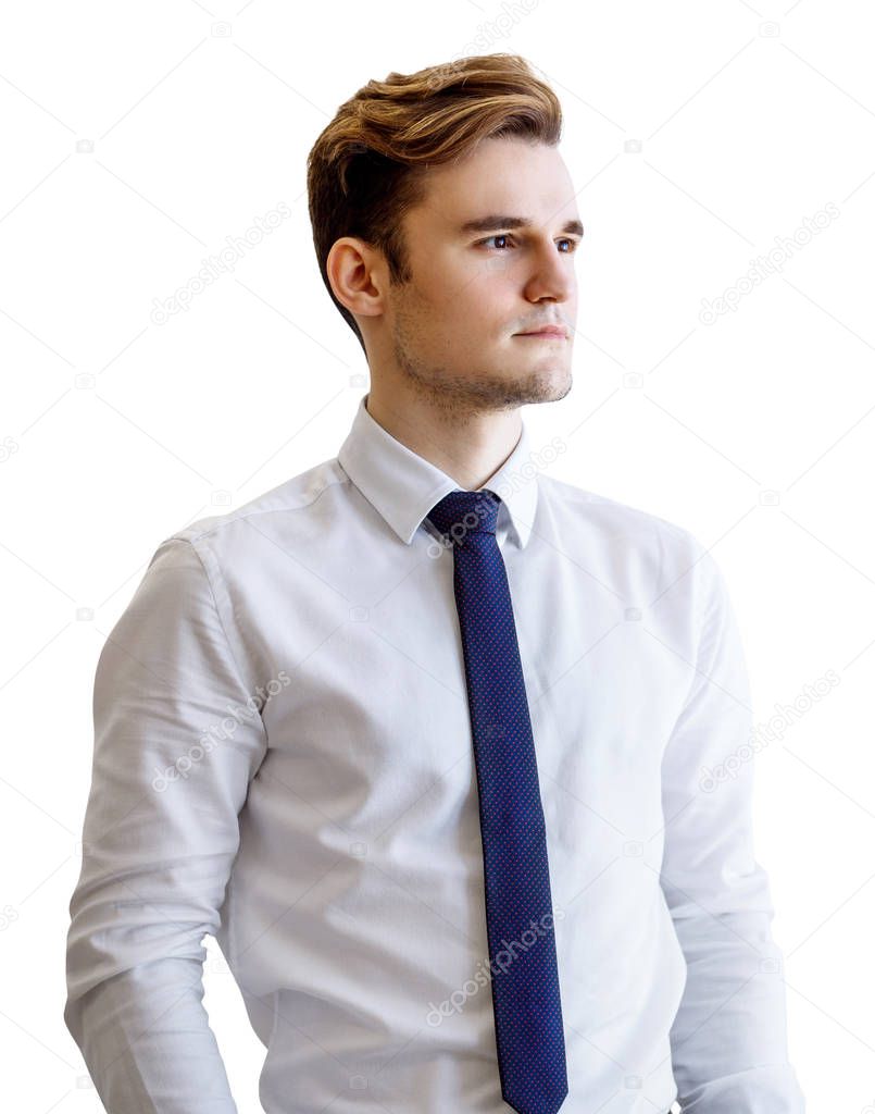 Young businessman posing isolated on white background.