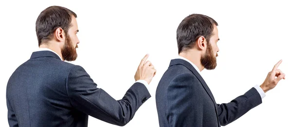 Colagem de homem de negócios com barba apontando para algo . — Fotografia de Stock