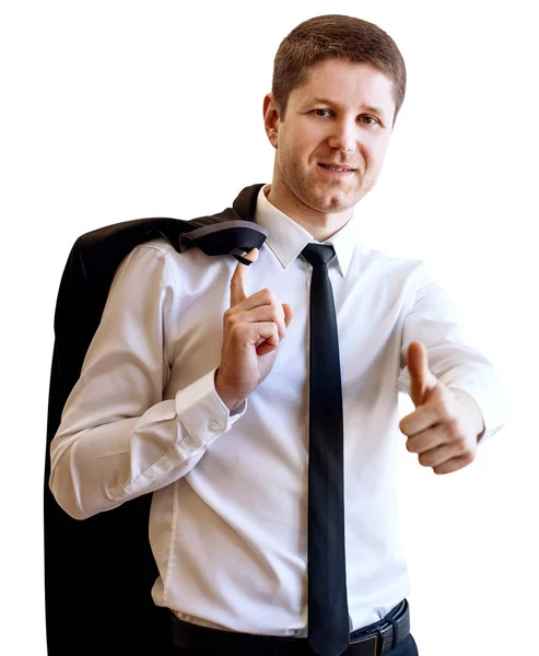 Biznesmen niedbale trzyma kurtka garnituru za plecami. — Zdjęcie stockowe