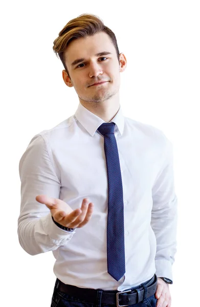 Ung affärsman poserar med utsträckt hand. — Stockfoto