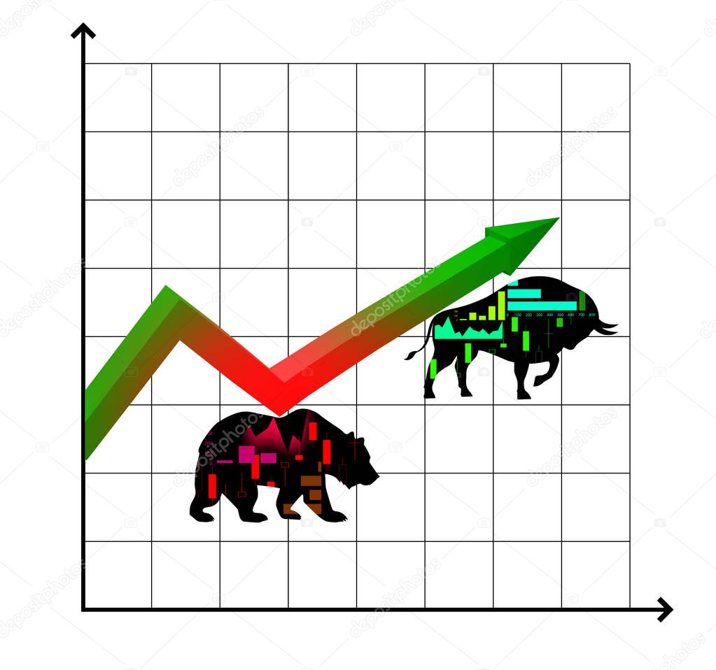 Silhouettes bull and bear financial icons with arrow graph.