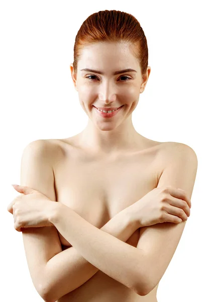 Naked redhead woman covering breast by hands. — Stock Photo, Image