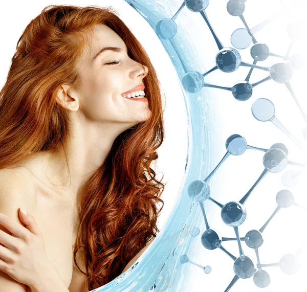 Redhead woman among blue glass molecules and water wave. — Stock Photo, Image