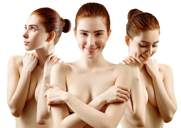 Kollage av härlig naken rödhårig kvinna som täcker sitt bröst. — Stockfoto