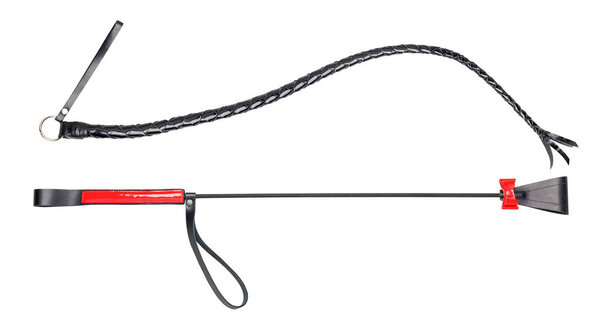 Collage of leather black and red whips for sex games.