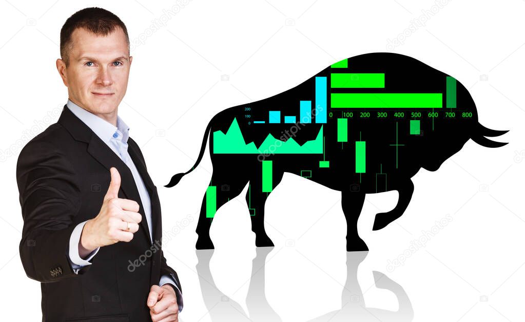 Businessman shows thumbs up near silhouette bull financial icon.