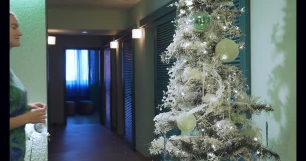 Renkli elbiseli genç bir kadın Noel ağacını süslüyor.. — Stok video