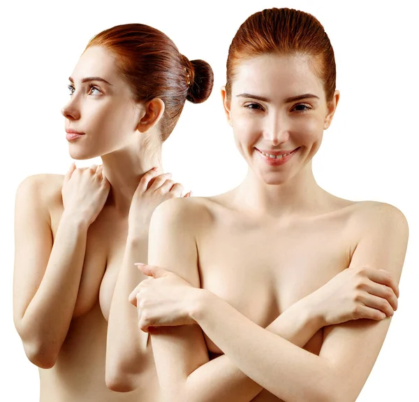 Kollage av härlig naken rödhårig kvinna som täcker sitt bröst. — Stockfoto