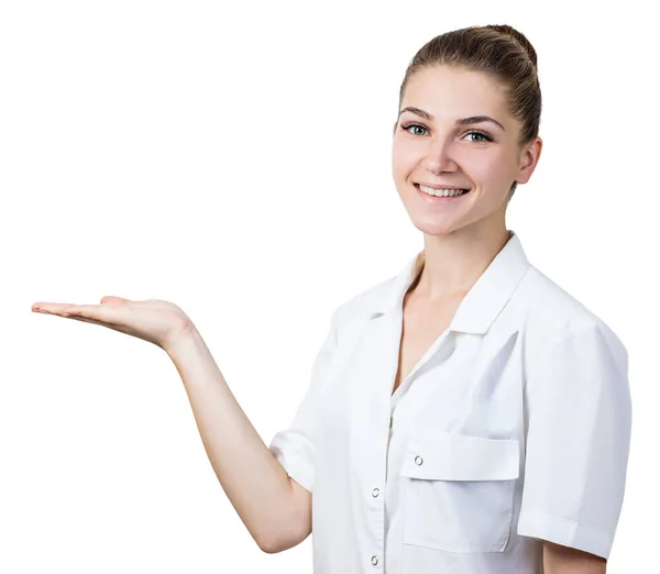 Medical doctor woman showing empty hand — Stock Photo, Image