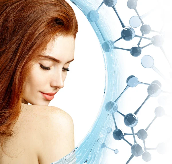 Redhead woman among blue glass molecules and water wave. — Stock Photo, Image