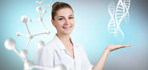 Cadenas de ADN fluyen de la mano de una joven doctora cerca de la cadena de moléculas . — Foto de Stock