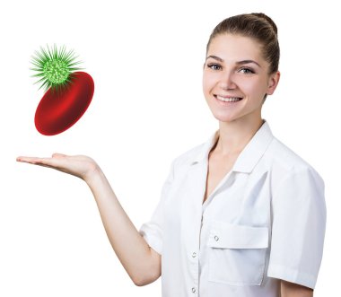 Doctor presents erythrocyte with viral cell. clipart