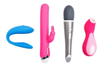 Klitoris stimülasyonu için farklı seks oyuncakları kolajı.