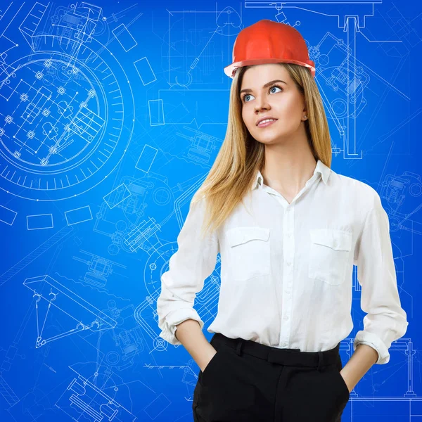 Smiling blond woman with dressed helmet. — Stock Photo, Image