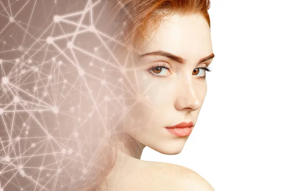 Double exposure of young woman and glowing dots and lines. — Stock Photo, Image