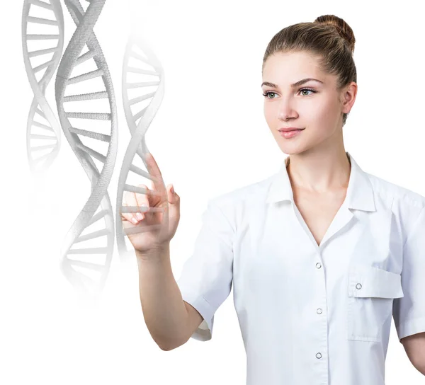 Woman science technologist touches DNA stems. — ストック写真