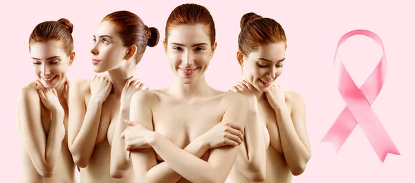 Collage of young woman holds breast in hands near big pink ribbon — Stock Photo, Image