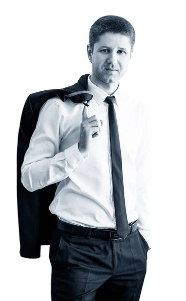 Ο επιχειρηματίας κρατάει απερίσκεπτα το σακάκι πίσω από την πλάτη. — Φωτογραφία Αρχείου