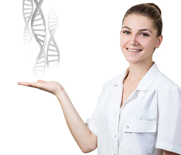 DNA鎖は若い女性医師の手から流れます. — ストック写真