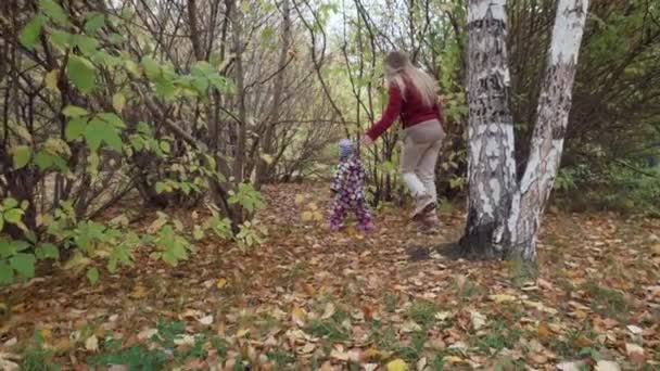 Mladá matka a její dcera procházka v podzimním parku. — Stock video