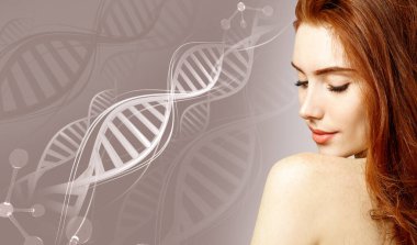 Portrait of sensual ginger woman among DNA chains. clipart