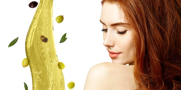 Flying green olive splash near ginger woman. — Stock Photo, Image