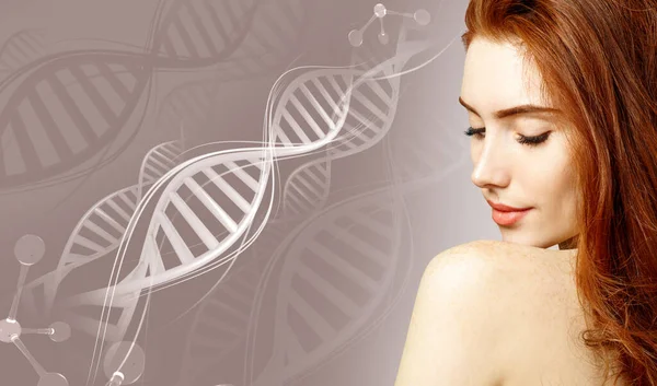 Portrait of sensual ginger woman among DNA chains. — Stock Photo, Image