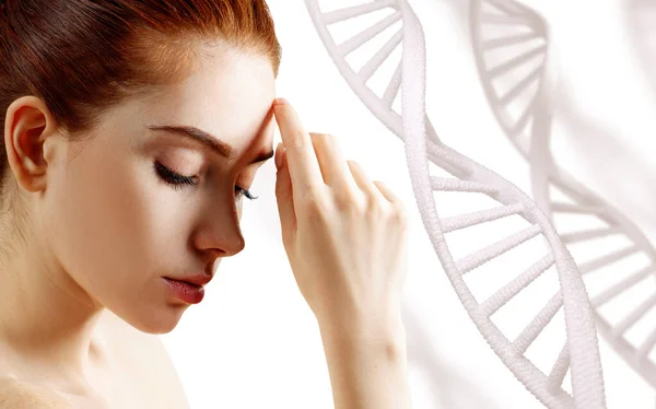 Portrait of sensual ginger woman among DNA chains. — Stock Photo, Image