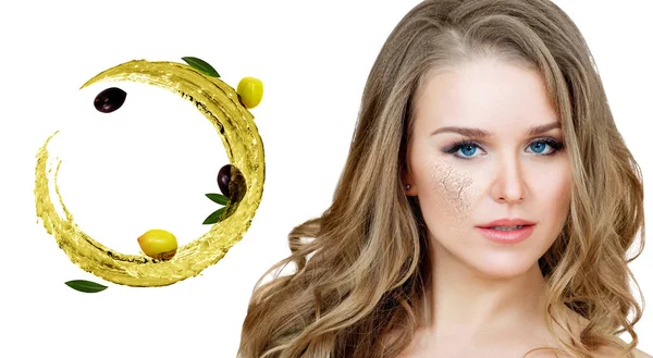 Beautiful woman near circulate olive oil. Skincare concept. — Stock Photo, Image